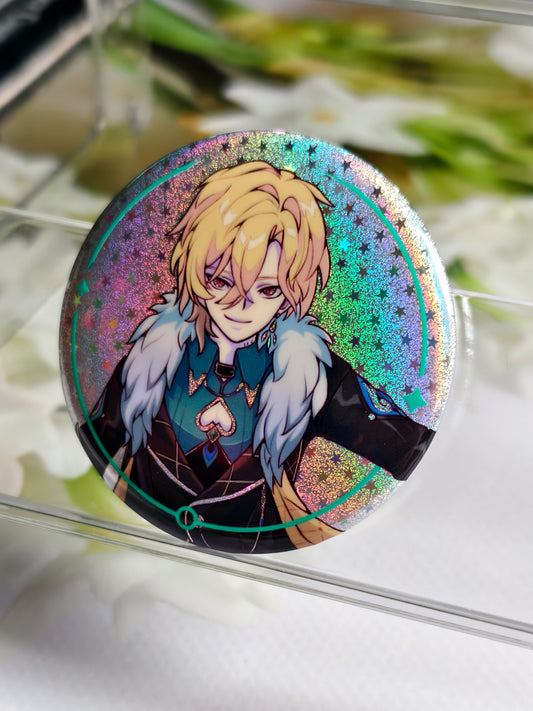 Aventurine from Honkai Star Rail pinback button badge with soft illustration style on a white background.