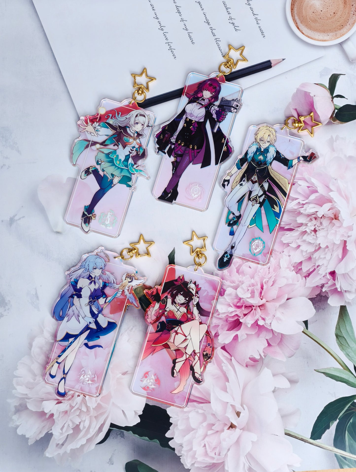 Six Honkai Star Rail holographic acrylic bag charms including Firefly, Sparkle, Aventurine, Kafka, Robin, and Castorice.