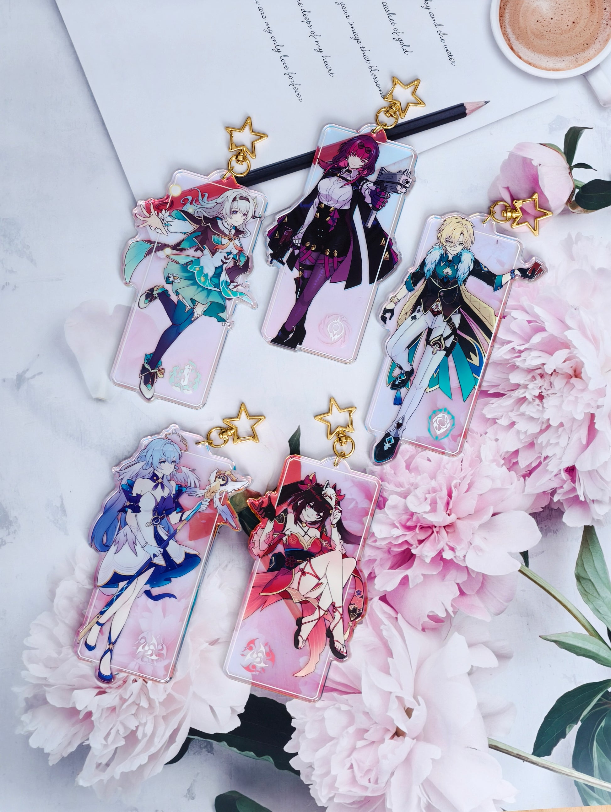 Six Honkai Star Rail holographic acrylic bag charms including Firefly, Sparkle, Aventurine, Kafka, Robin, and Castorice.