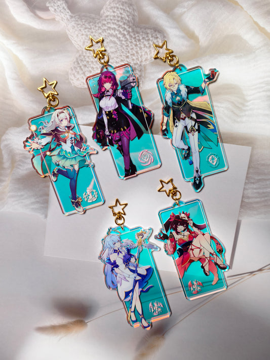 Six Honkai Star Rail holographic acrylic bag charms featuring Firefly, Sparkle, Aventurine, Kafka, Robin, and Castorice arranged on soft white fabric.
