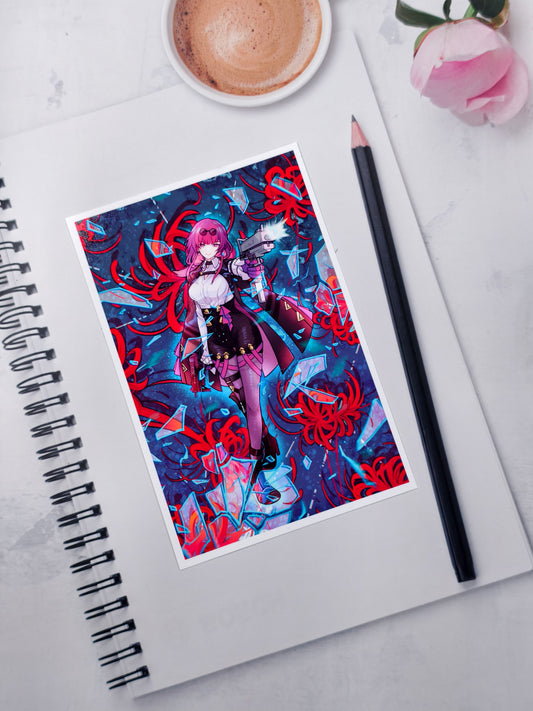 Kafka from Honkai Star Rail anime art print shown flat on a white spiral sketchbook with a cup of coffee and a pencil.