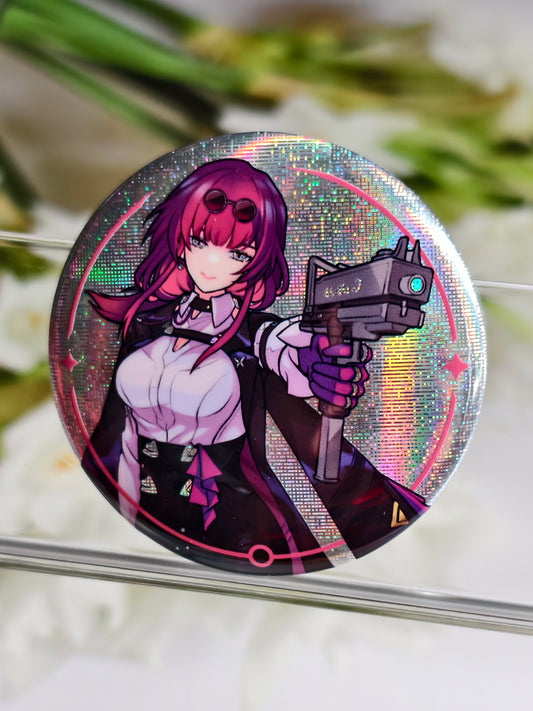 Kafka from Honkai Star Rail pinback button badge with soft illustration style on a white background.