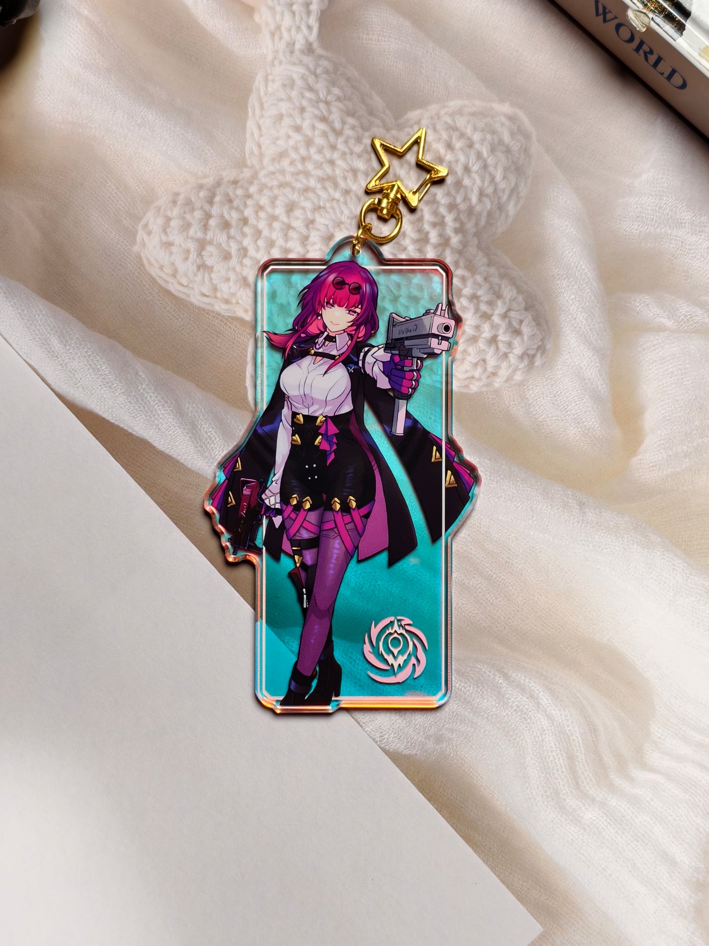 Kafka from Honkai Star Rail rainbow holographic acrylic bag charm styled with gold star clasp.