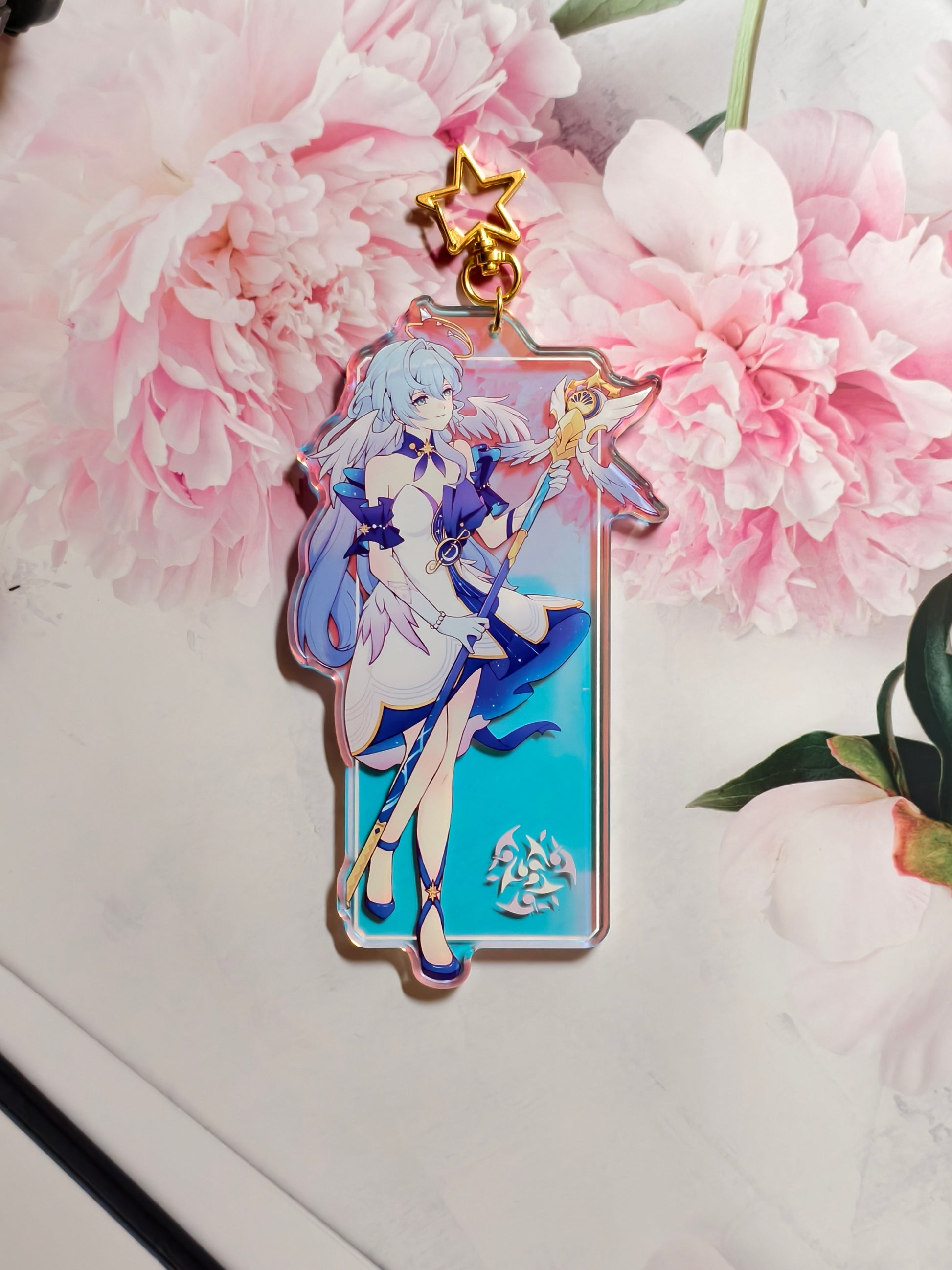 Robin from Honkai Star Rail rainbow holographic acrylic bag charm styled with gold star clasp.